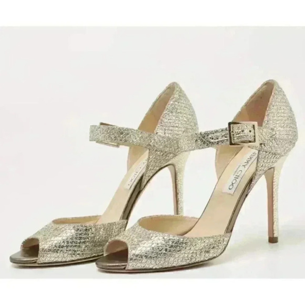 Jimmy Choo Gold Coarse Glitter Peep Toe Ankle Strap Sandals Size 35 1/2
